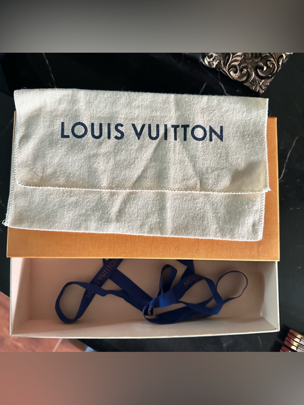 Louis Vuitton Orange Box with Black Logo and Blue Ribbon